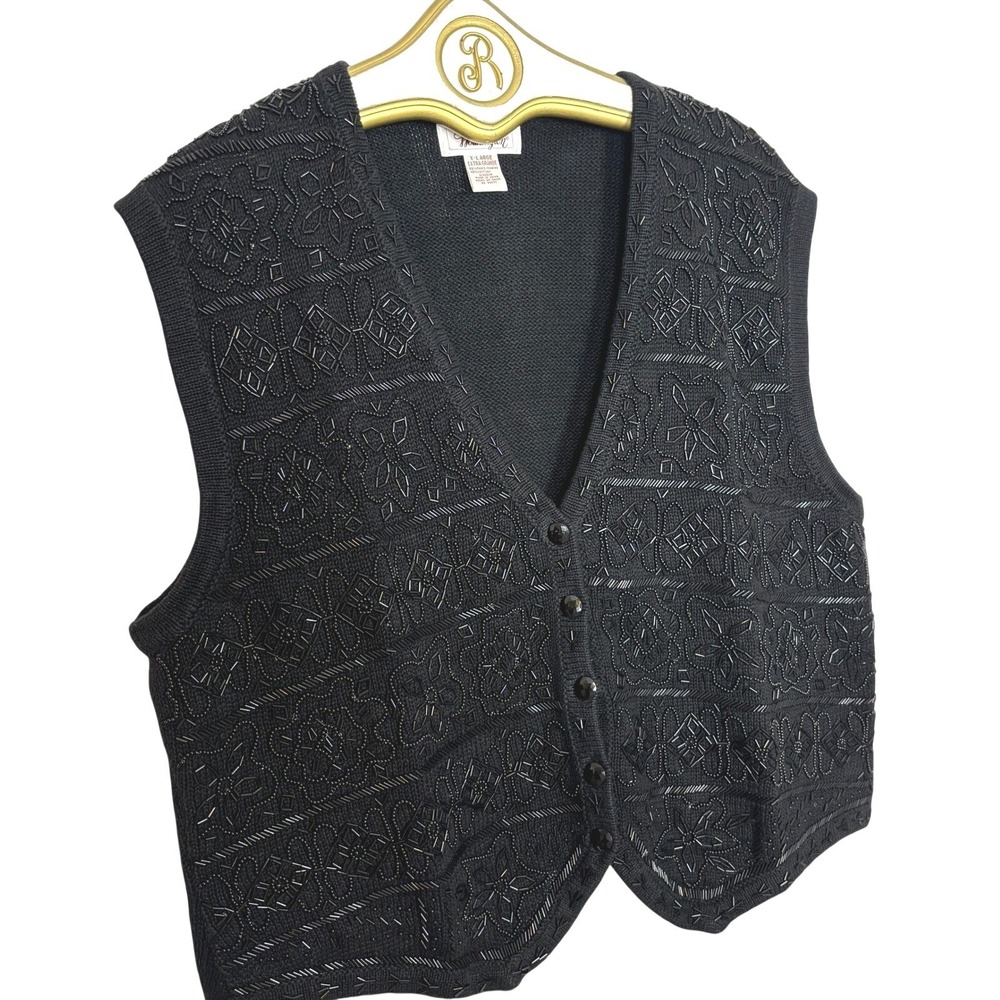 Vintage Black Floral Beaded Vest Knit Embellished 90s Goth Whimsigoth Women XL